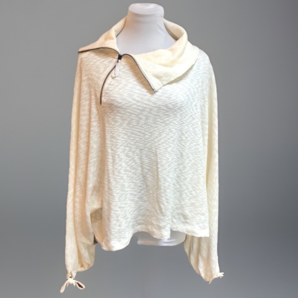 Peace Love World Top Tagged M/L Cream Sweater Top Tie Cuffs Zip Neck Accent